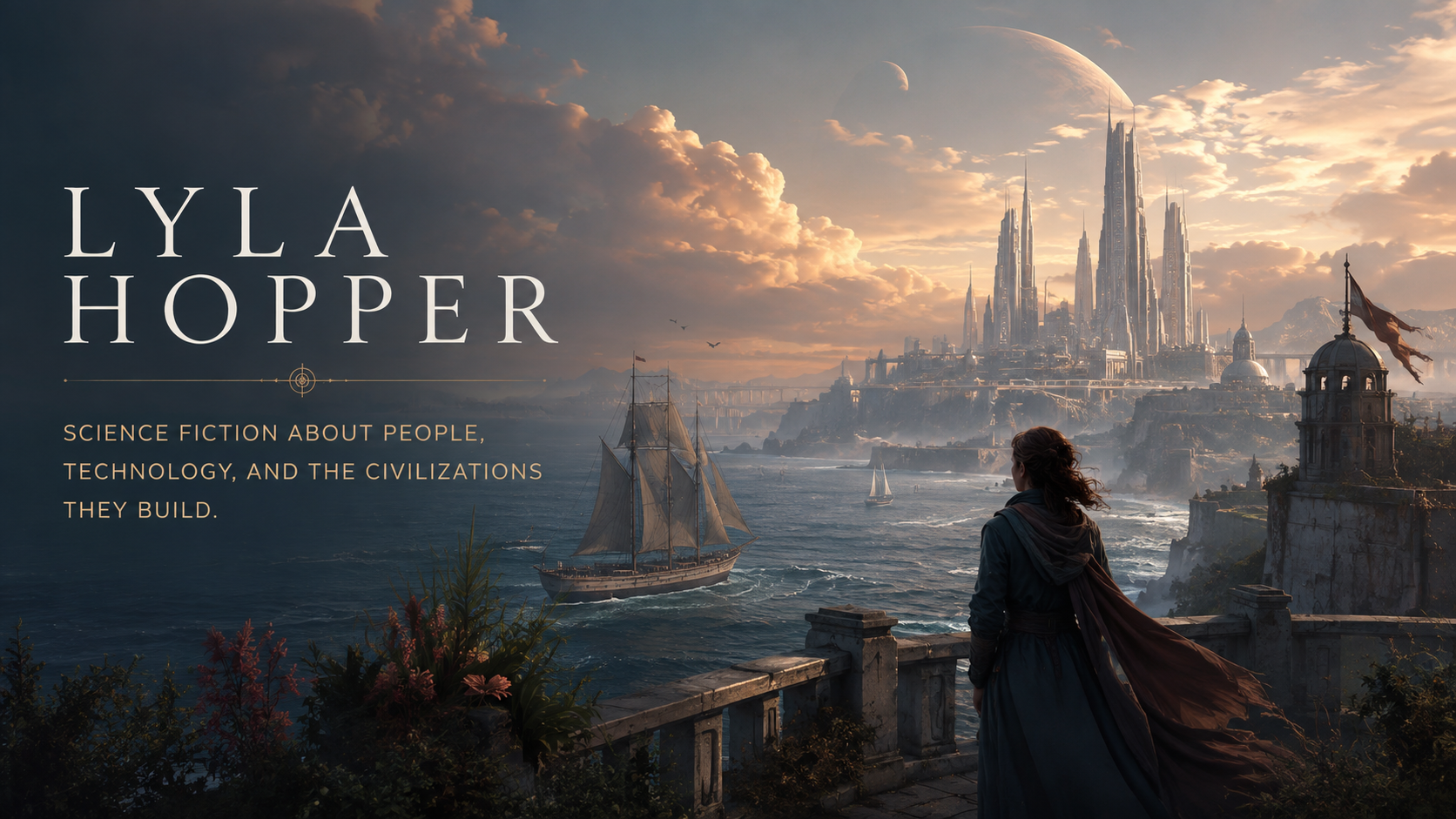 A sunset over a bay of sailing ships, beneath a distant futuristic city and two moons.